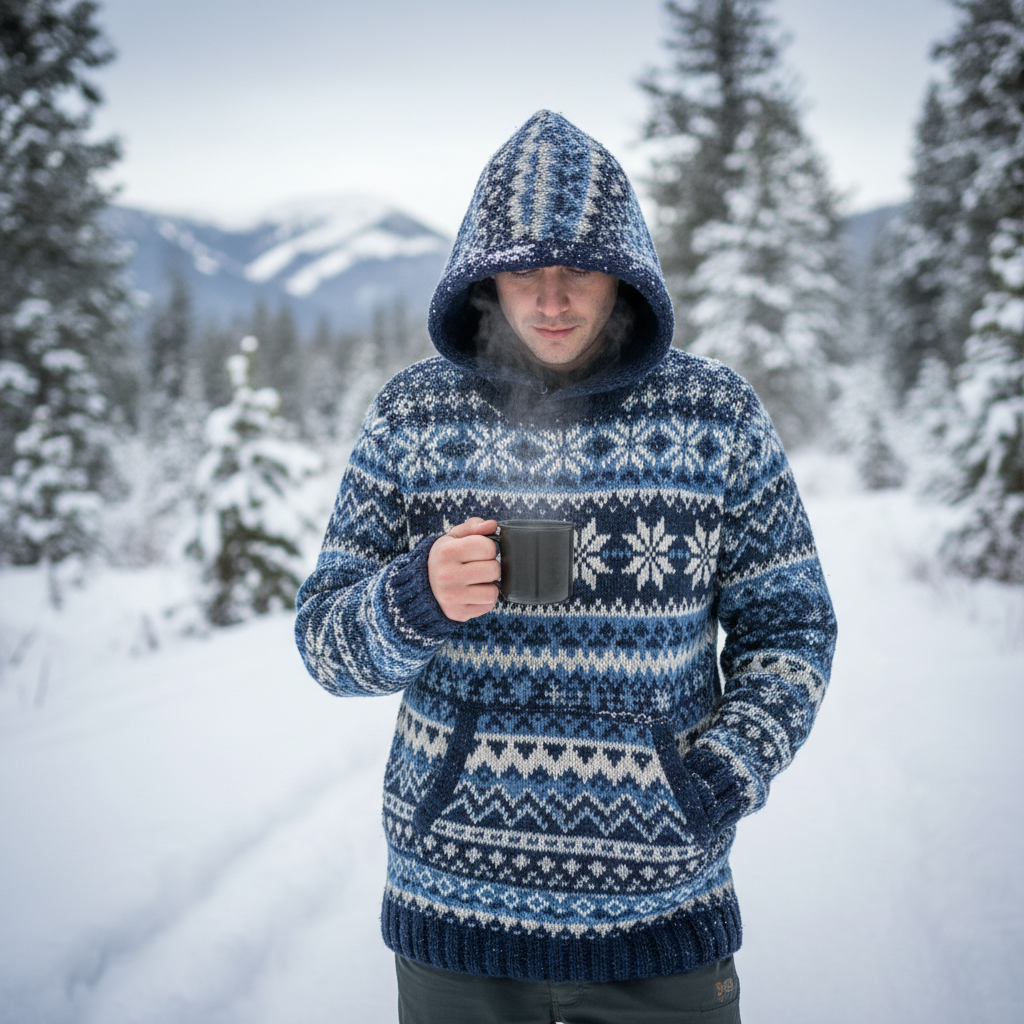 Blue patterned knit hoodie lifestyle photo