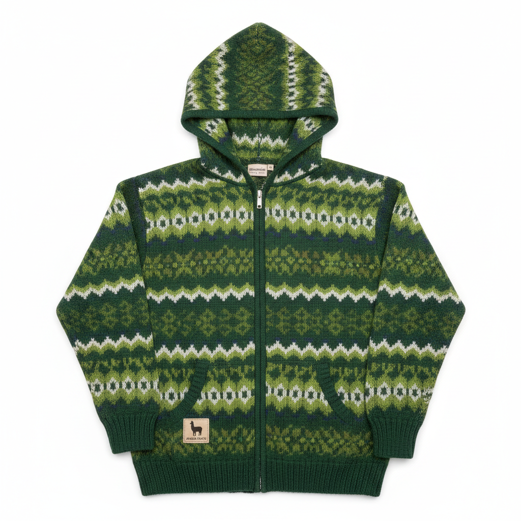 Green geometric pattern knit hoodie on white background