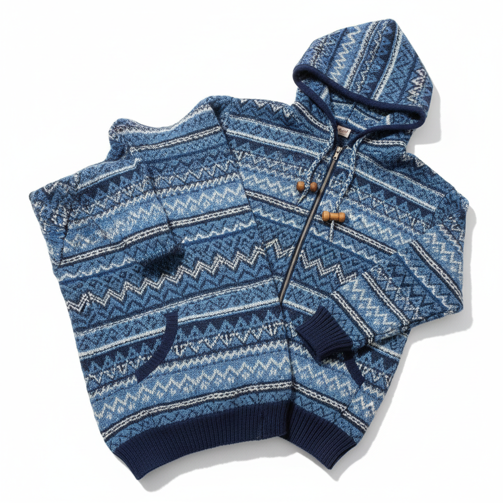 Blue patterned knit hoodie on white background