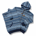 Blue patterned knit hoodie on white background