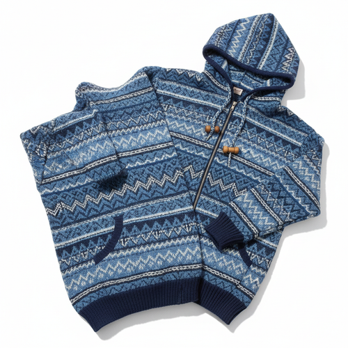 Blue patterned knit hoodie on white background