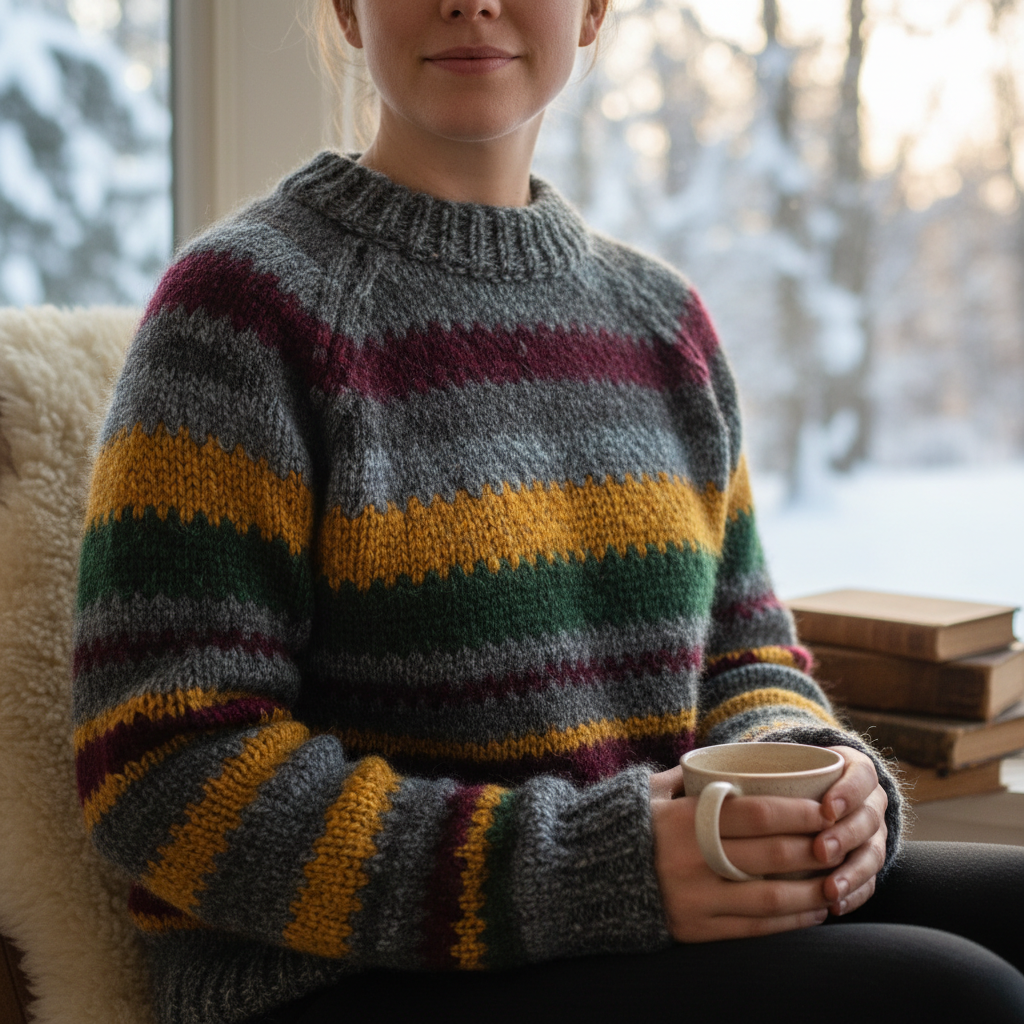 Gray multicolor striped knit sweater lifestyle photo
