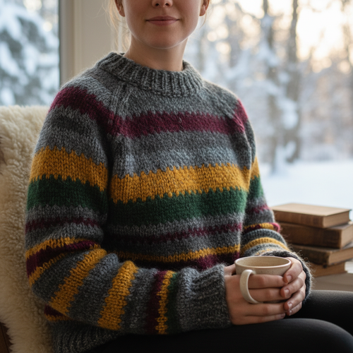 Gray multicolor striped knit sweater lifestyle photo