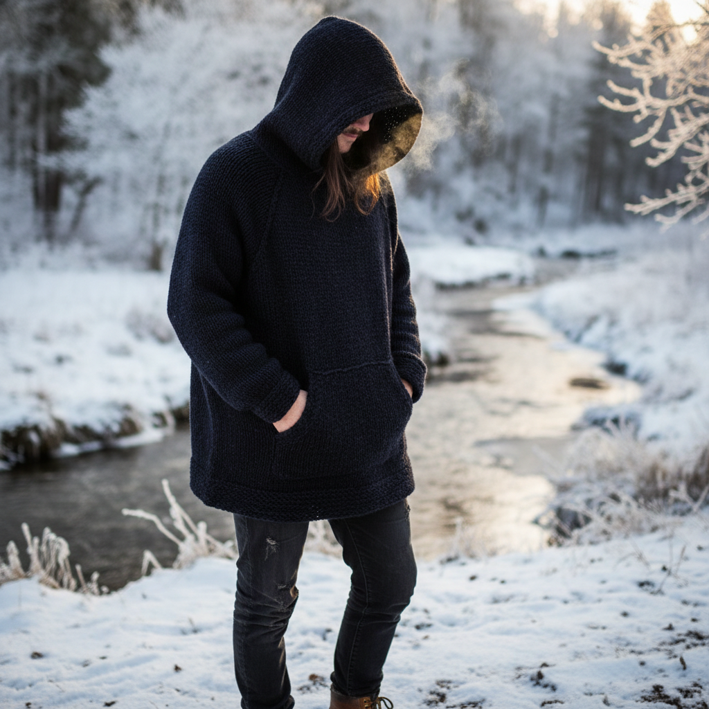Dark navy knit hoodie lifestyle photo