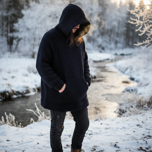 Dark navy knit hoodie lifestyle photo