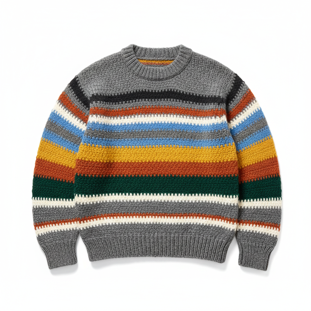 Gray multicolor striped knit sweater on white background