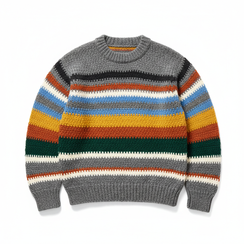 Gray multicolor striped knit sweater on white background