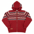 Red patterned knit hoodie on white background