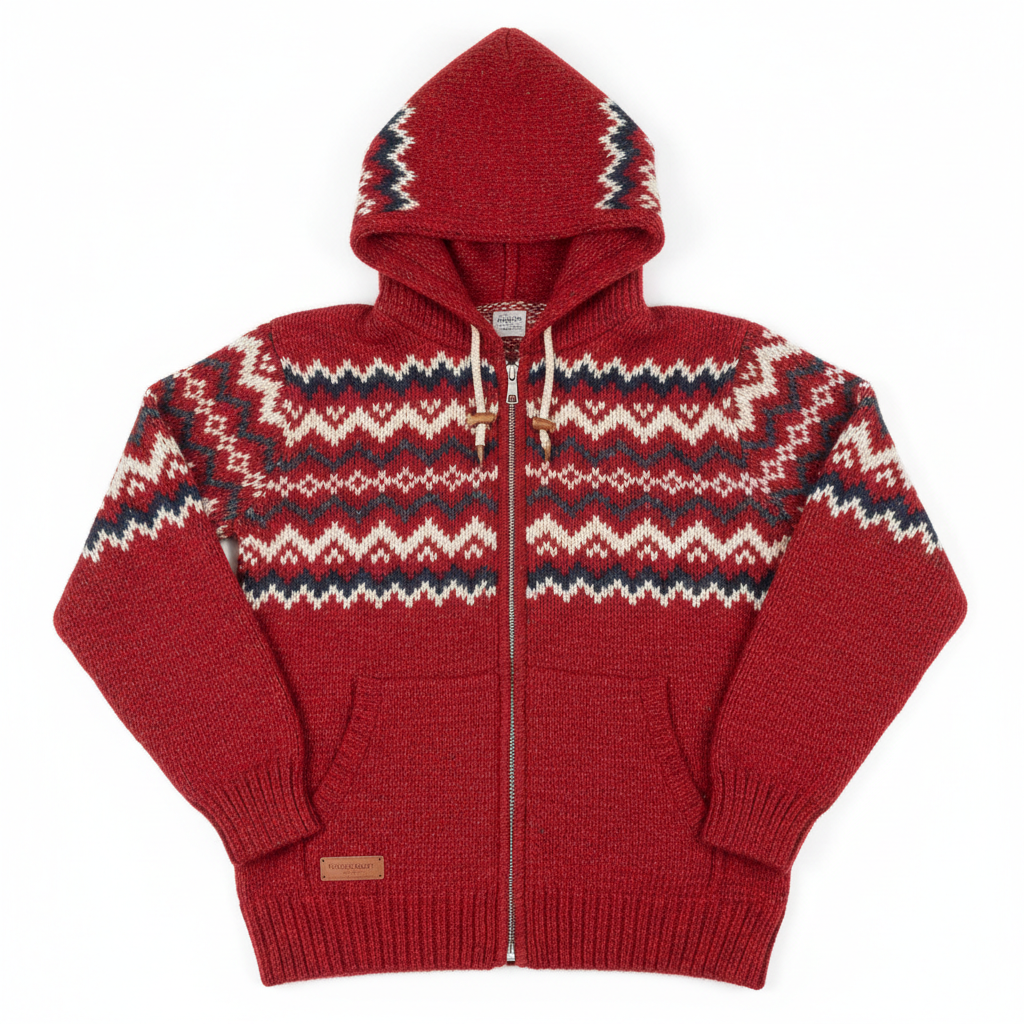 Red patterned knit hoodie on white background