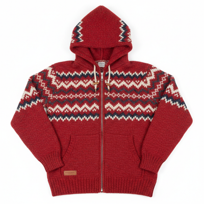 Red patterned knit hoodie on white background
