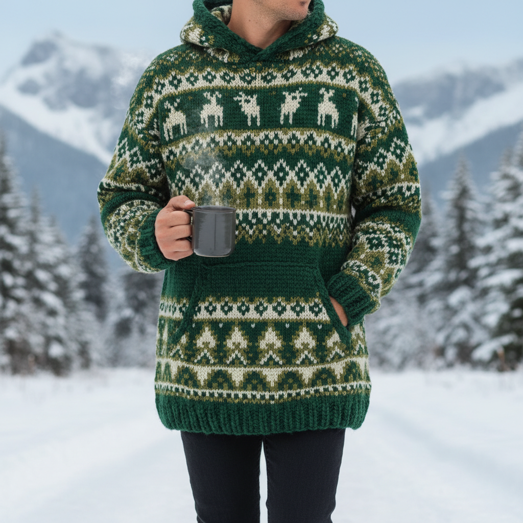 Green geometric pattern knit hoodie lifestyle photo