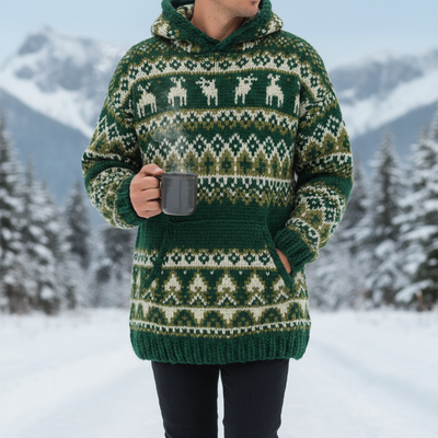 Green geometric pattern knit hoodie lifestyle photo
